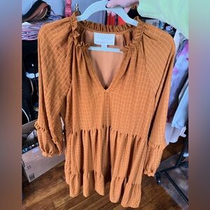 Mare x Anthropologie Womens Anne Gold Brown Balloon Sleeve Tier Ruffle Dress